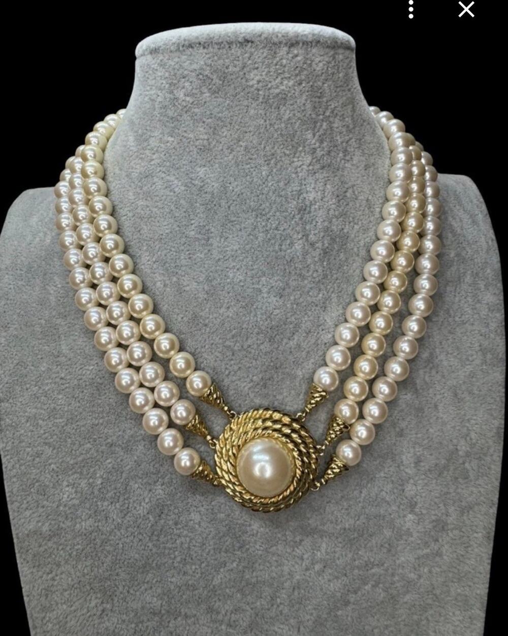 Vintage Richelieu Triple Strand Faux Pearl Necklace Gold Tone Mabe Center